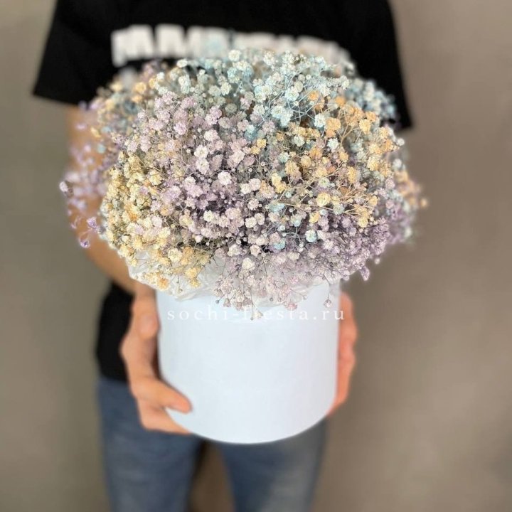 9 Радужных гипсофил в шляпной коробке в Набережных Челнах