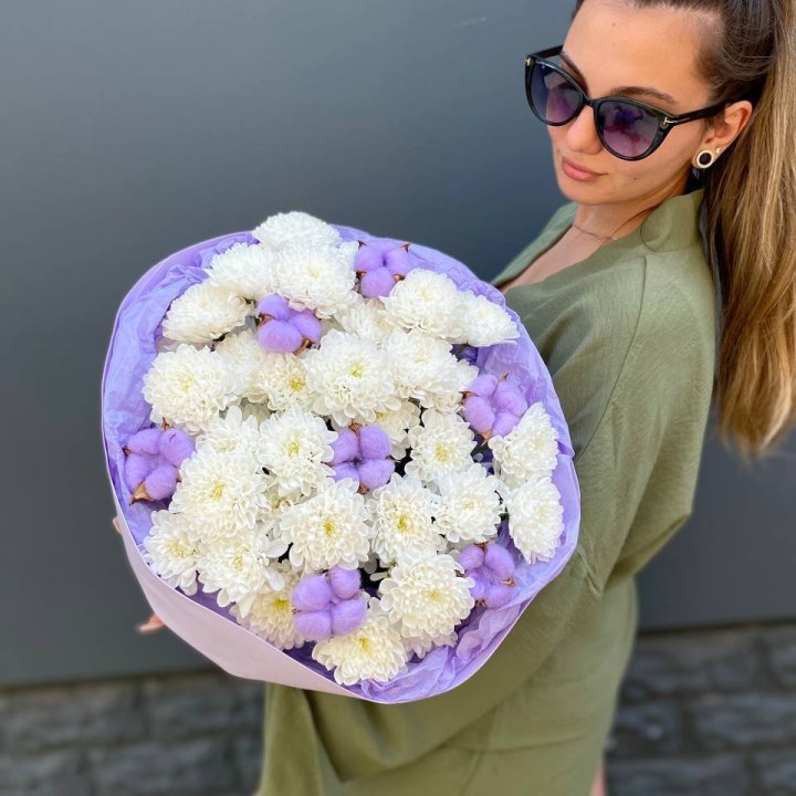  Букет  хризантем и хлопка в Набережных Челнах